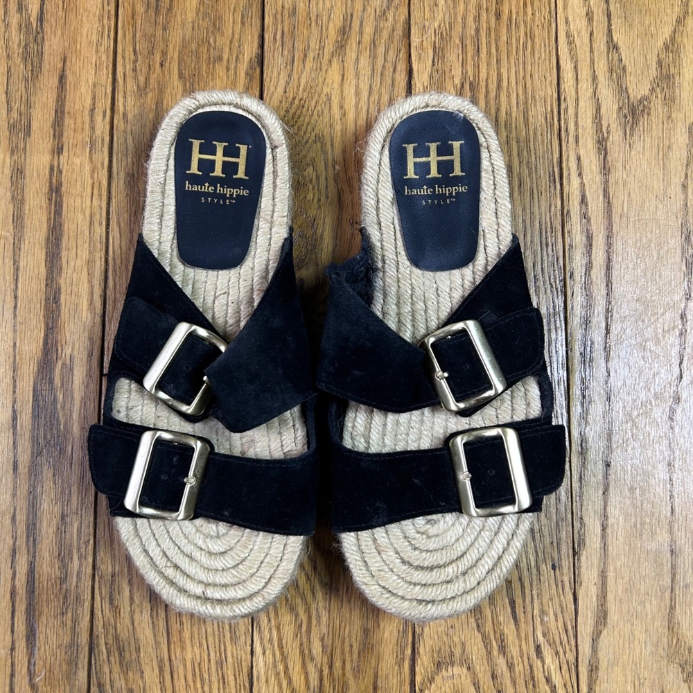 Haute Hippie Style Black Suede Espadrille Slide Sandals Gold‎ Buckle Women 7.5M